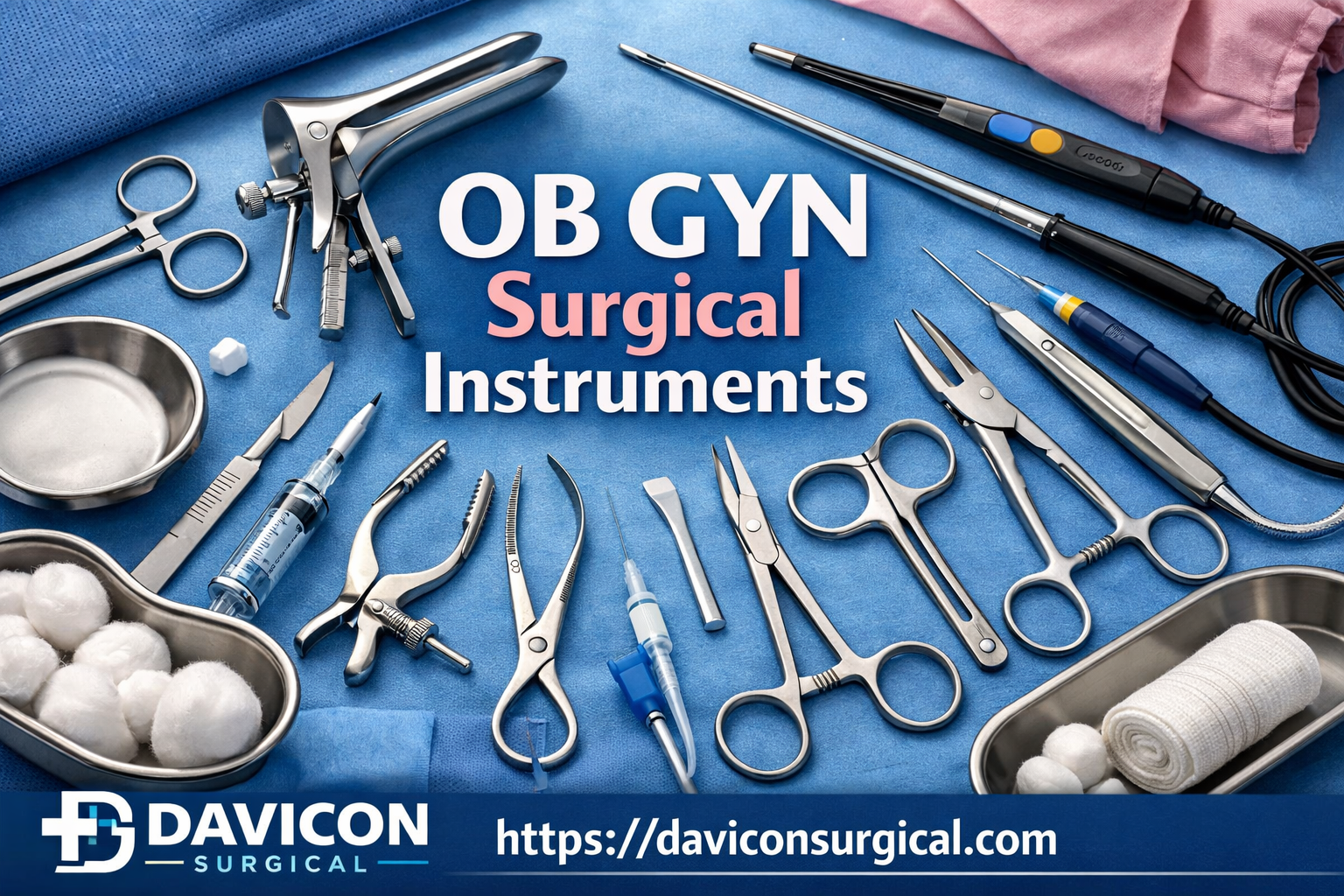 OB GYN Surgical Instruments OB GYN surgical instruments set displayed on a sterile blue surgical drape including speculum, forceps, scissors, and medical tools with branding of Davicon Surgical.