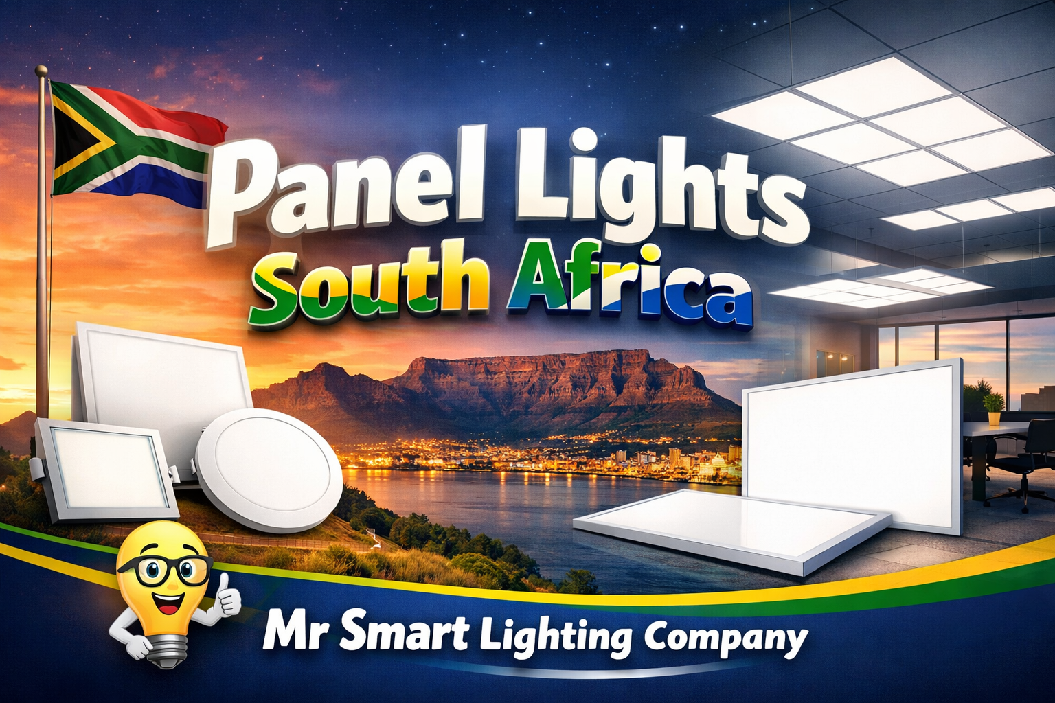 Landscape banner image promoting &ldquo;Panel Lights South Africa&rdquo; by Mr Smart Lighting Company, featuring modern LED panel lights displayed in an office setting, a cityscape backdrop of Cape Town with Table Mountain, and vibrant lighting elements combined with South African flag colors to highlight premium indoor lighting solutions.