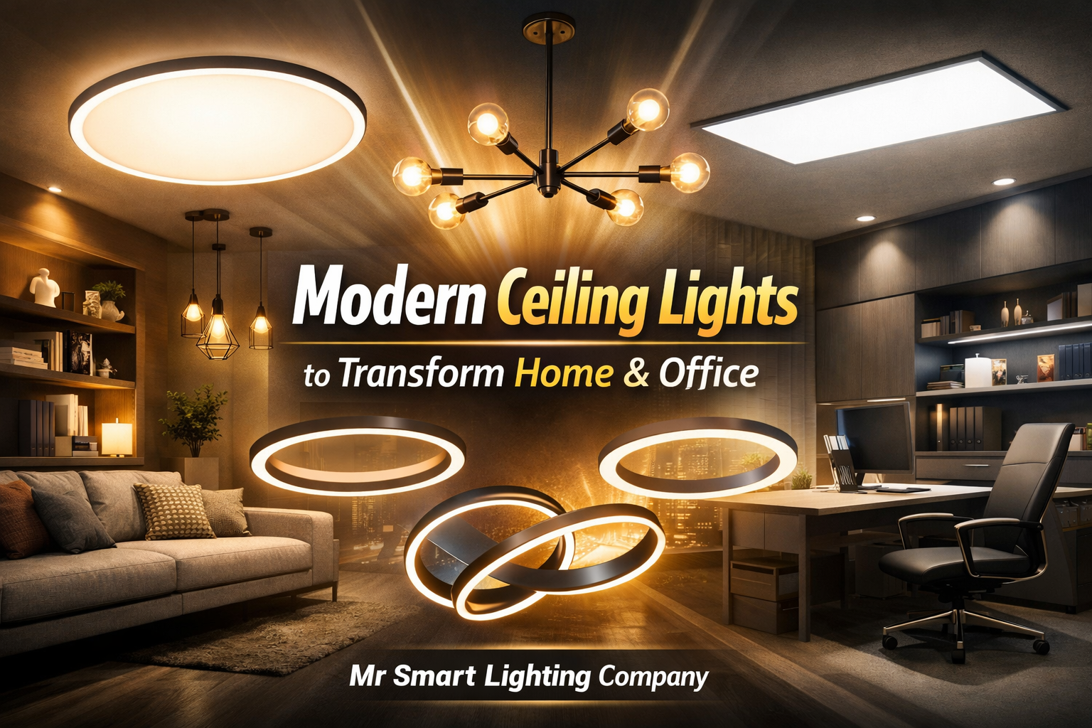 Modern ceiling lights for home and office interior, featuring LED panels, pendant lights, and ring-shaped fixtures &ndash; designed by Mr Smart Lighting Company to enhance modern illumination and decor.