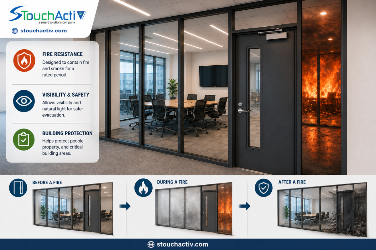 How fire-rated glass and doors work in an office space building
